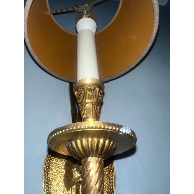 Vintage Solid Brass Electric Candle Stick Rope and Tassel Wall Sconce With Linen Shade For Sale - Image 14 of 14