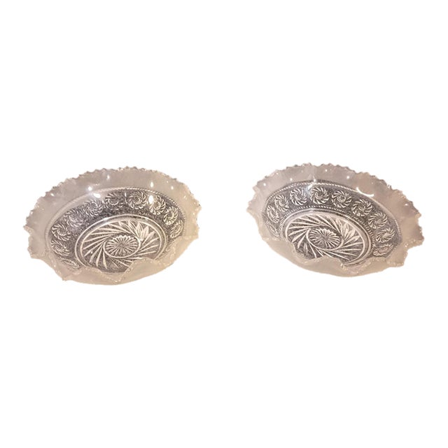 Pair of Vintage Frosted Ruffled-Edge Pressed Glass Bowls, Pinwheel Pattern For Sale