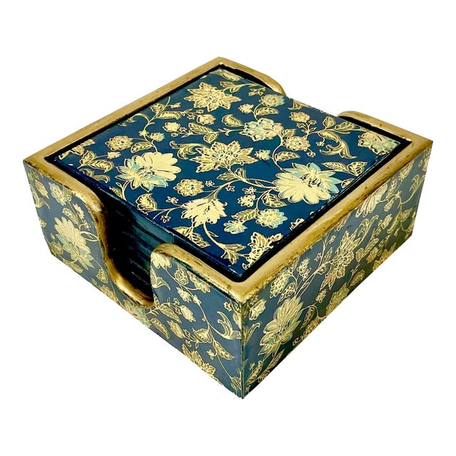 1980s Vintage Chinoiserie Boho Chic Hollywood Regency Coasters With Caddy - 7 Piece Set. For Sale