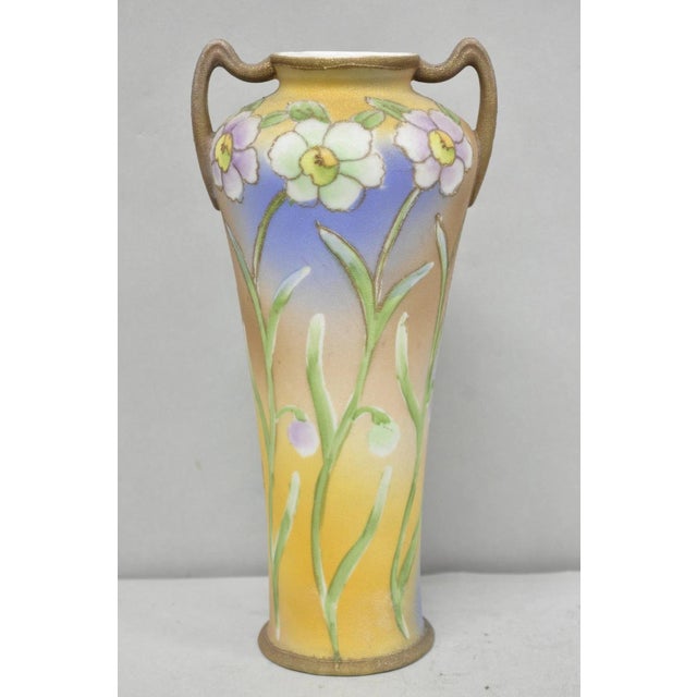 Nippon Sharkskin Decorated Royal Kinjo Japan Hand Painted Porcelain Handled Vase For Sale - Image 9 of 17