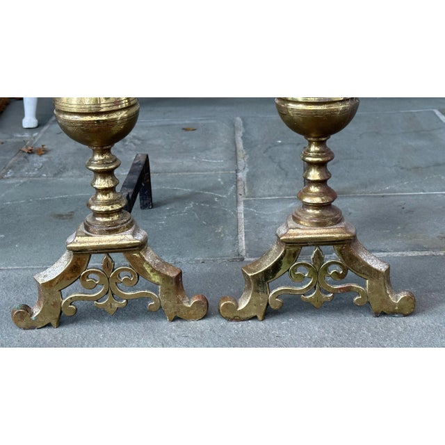 Traditional Pair of French Style Brass Andirons With Fleur De Lis For Sale - Image 3 of 11