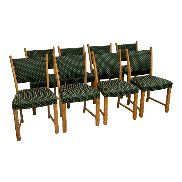 Set of 8 Danish Modern Oak Dining Chairs in Patterned Silk - Circa 1960s For Sale
