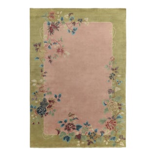 Rug & Kilim Chinese Style Square Art Deco Rug in Pink, Green Border & Floral Patterns - 5'x5' For Sale