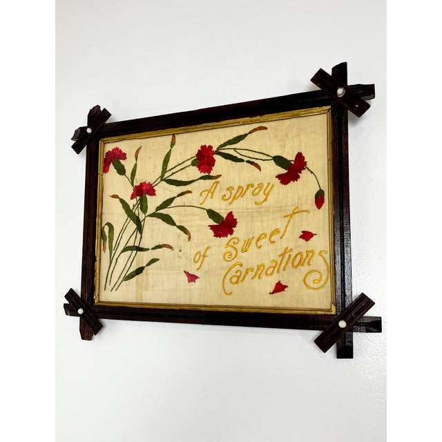 Antique Victorian Carnation Floral Motto Embroidery For Sale - Image 4 of 12