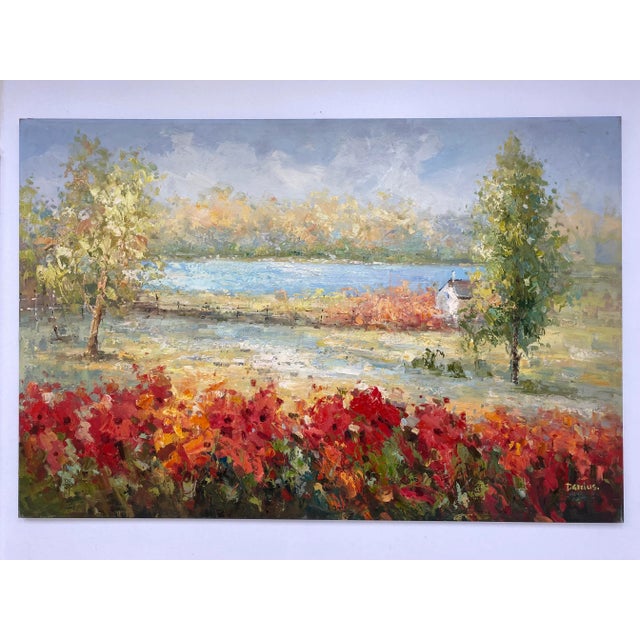 A vibrant and atmospheric original oil painting on canvas capturing a peaceful countryside scene in rich textured strokes....