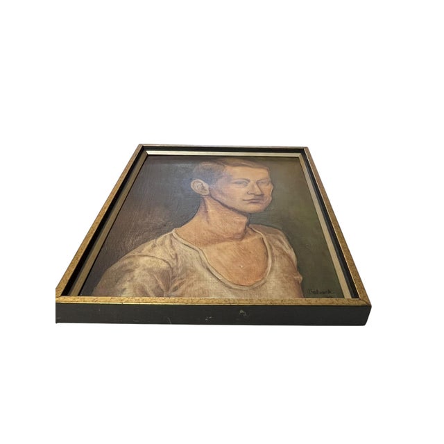 Portrait of the artist. Self portrait dated 1968. Signed lower right corner Balusek. Features a young man in a t shirt and...