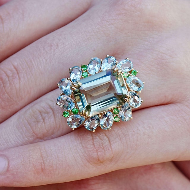 14K Solid Gold 10 x 14 mm Natural Prasiolite｜Green｜Emerald-Cut｜Eye Clean Prasiolite CTW: 10.00 4 x 6 mm Natural...