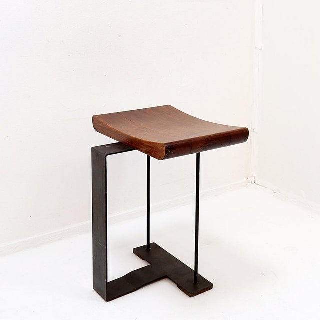 Wood Vintage Stool in Wood and Metal in the style of Pierre Chareaus For Sale - Image 7 of 15