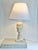 Vintage Italian table lamp carved from solid alabaster, with a classical urn-form silhouette, square base, and softly...