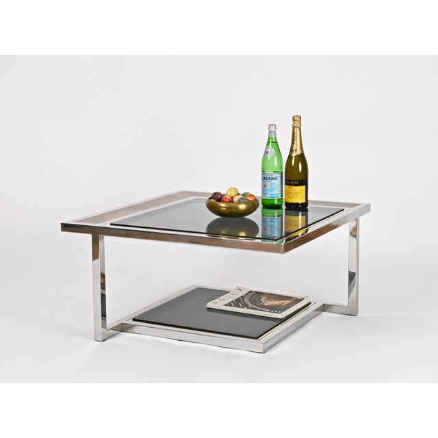 Mid-Century Modern Coffee Table in Chrome, Brass, Burl Wood, and Smoked Glass, Italy, 1970s For Sale - Image 3 of 16