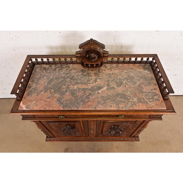 Antique Italian Renaissance Revial Carved Walnut and Marble Top Sideboard or Bar Cabinet, Circa 1890s For Sale - Image 13 of 16