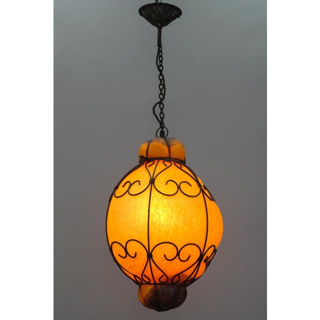 Venetian Style Pâte de Verre Glass Metal Caged Lantern Pendant Light For Sale - Image 6 of 18