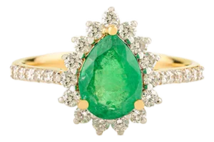 Pear Cut Zambian Emerald Ring and Natural Diamond Accents in 14k Solid Gold Size 7