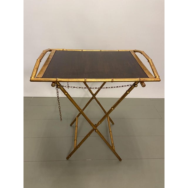 Folding side table with removable tray, gilded metal with bamboo look, the tray has a varnished wooden inlay, Italy from...