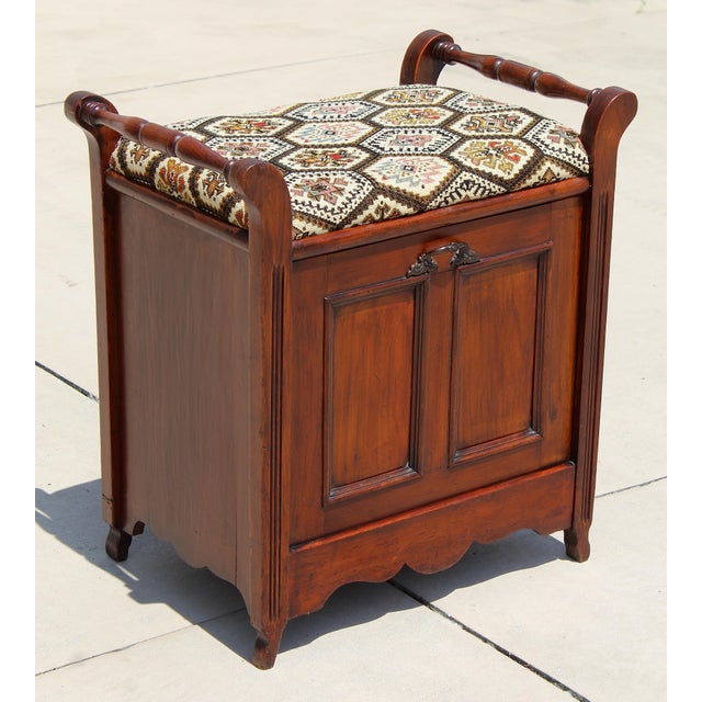 Vintage English-Style Mahogany Hall Bench With Shoe Storage Cabinet & Upholstered Seat For Sale - Image 4 of 11