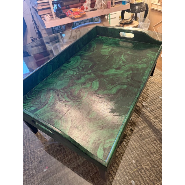 A Modern Style Breakfast in Bed Tray Handmade and Hand Painted in Wood Faux Malachite For Sale - Image 4 of 4