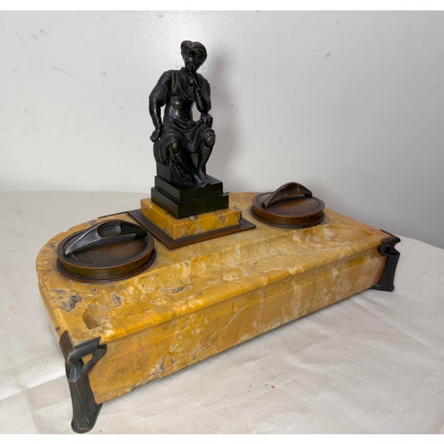 19th Century Antique French Solid Siena Marble Bronze Lorenzo De Medicis Statue Desk Inkwell For Sale - Image 5 of 18
