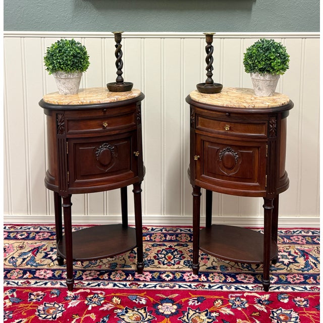 Antique Pair French Louis XVI Style Marble Top NIghtstands End Tables c.1920s-30 For Sale - Image 10 of 18