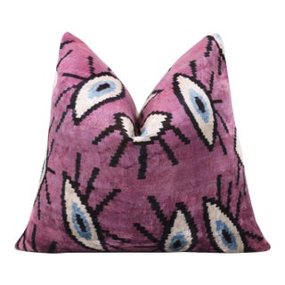 Magenta Blue Eye Silk Velvet Pillow – 20x20 Handmade Ikat Throw Cushion For Sale