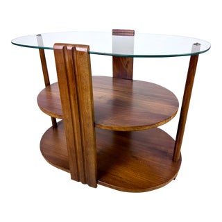 Mid Century / Art Deco Gilbert Rohde Style Oval Glass Top Walnut Side Table For Sale