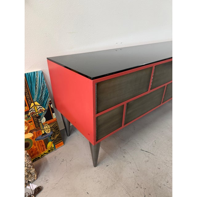 1990s 1990s Custom 11 Drawer Credenza in Red with Brushed Steel Doors and Black Glass Top For Sale - Image 5 of 17