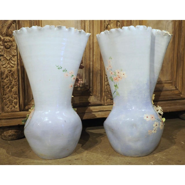 Pair of Circa 1890 Hand Painted French Gros-Relief Blue Ground Barbotine Vases For Sale - Image 12 of 18