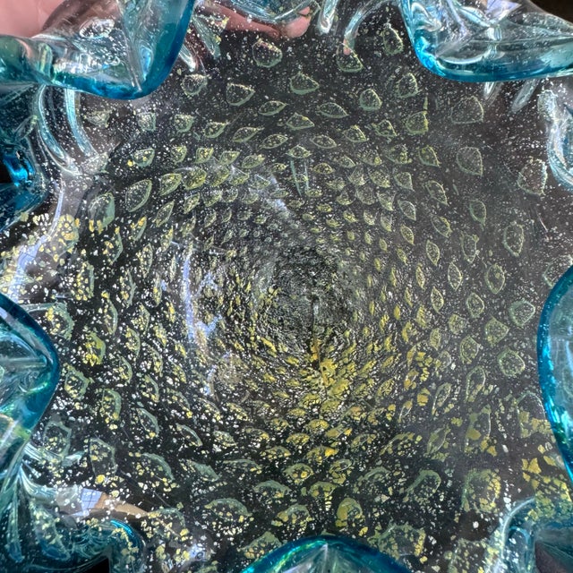 Mid 20th Century Art Glass Dish Turquoise Gold Bullicante Bubbles Mid Century Italian Murano For Sale - Image 5 of 10