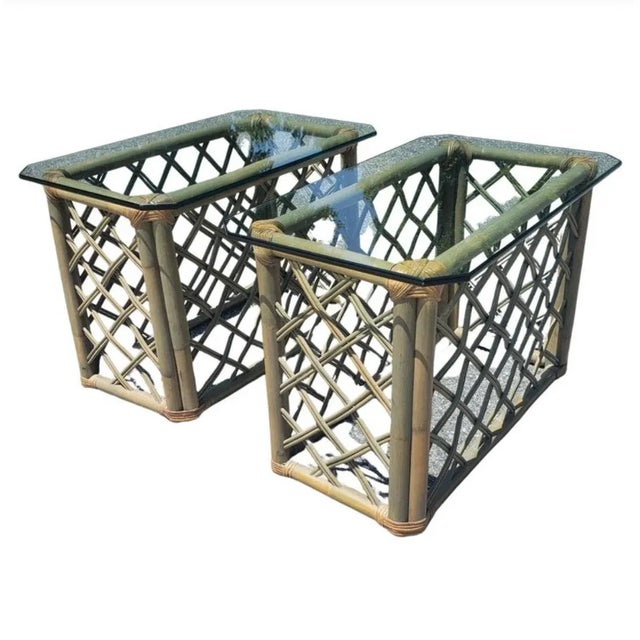 Mid-Century Modern Vintage Jumbo Rattan Glass Top Side Tables in Turquoise-Champaign Color For Sale - Image 3 of 6