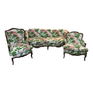 Carved Wood French Sofa & French Chairs - Set of 3 For Sale