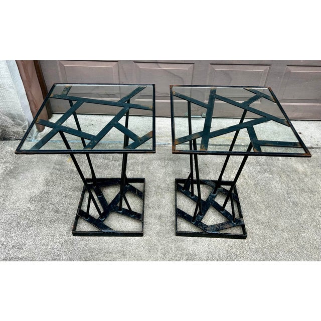 Vintage Brutalist Style Hand Wrought Iron Outdoor Glass Top Tables ~ Pair For Sale - Image 10 of 12