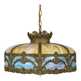 Early 20th Century Bradley Hubbard Yellow & Blue Slag Glass & Bronze Umbrella Pendant Light For Sale