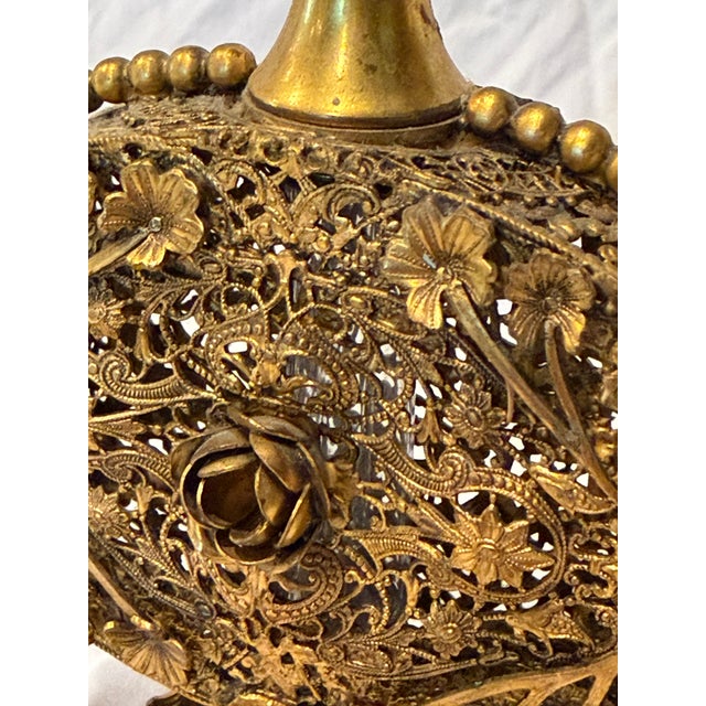 Pair of Antique Victorian Ormolu Perfume Bottles With Amber Glass and Original Daubers For Sale - Image 4 of 6