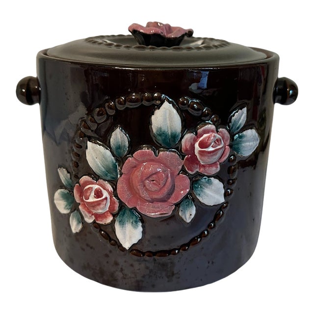 Vintage 1940s Redware Ceramic Roses Cookie Jar Canister - Made in Occupied Japan For Sale
