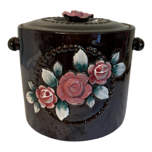 Vintage 1940s Redware Ceramic Roses Cookie Jar Canister - Made in Occupied Japan