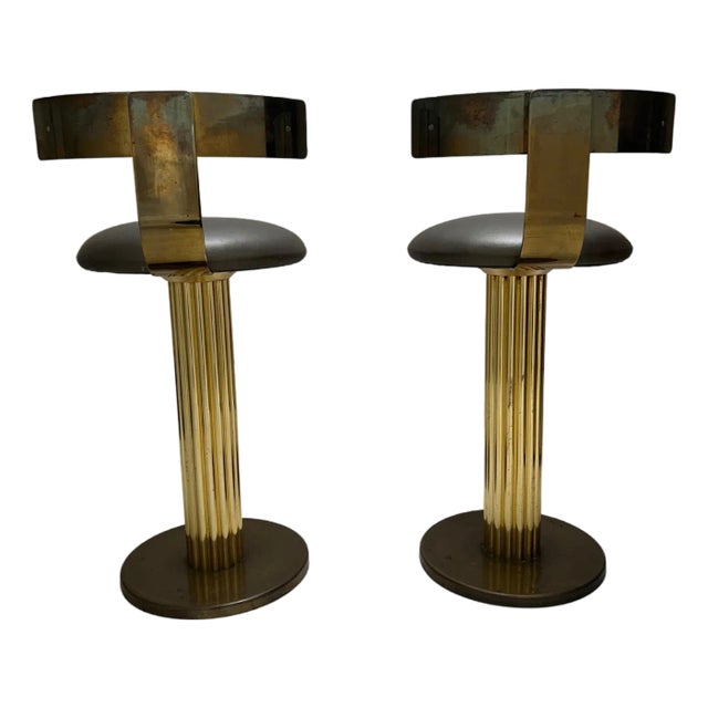 1980s Design for Leisure Brown Leather and Brass Barstool Set (2) For Sale