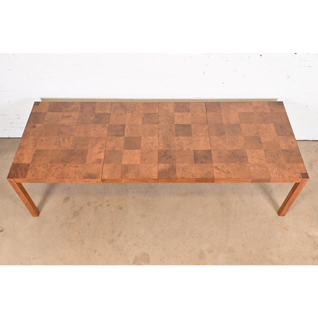 1970s Milo Baughman for Thayer Coggin Patchwork Burl Wood Parsons Extension Dining Table, Newly Refinished For Sale - Image 5 of 12