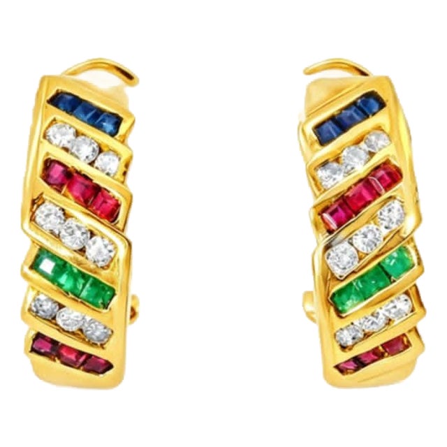 14K Yellow Gold Diamond Emerald Sapphire Ruby Hoop Earrings For Sale
