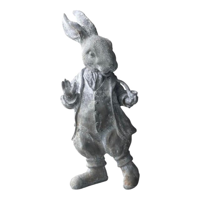 Vintage Whimsical Cast Iron Dapper Rabbit Garden Statue Holding a Pipe For Sale