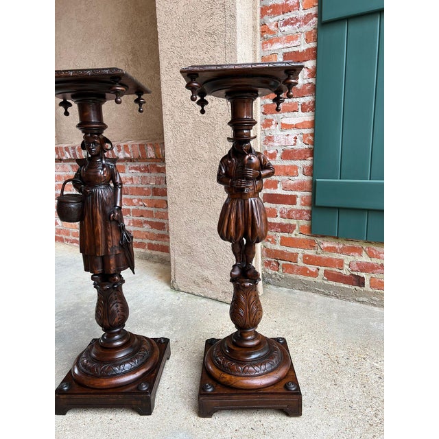 1900 - 1909 Antique French Breton Pedestal Stands Pair Carved Figural Display Brittany C1900 For Sale - Image 5 of 18