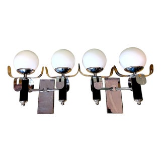 Portuguese Brutalist Double Wall Sconces with Opaline Glass Lampshades, 1980s, Set of 2 For Sale