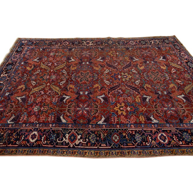 1920s 1920s Antique Persian Heriz Red Handmade Wool Rug Allover Motif For Sale - Image 5 of 9
