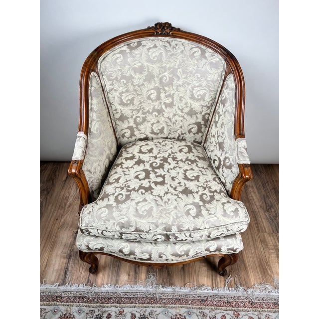 Antique French Louis XV Rococo Style Bergère Arm Chair in Newer Damask Upholstery C. Mid 19th Century For Sale - Image 4 of 11