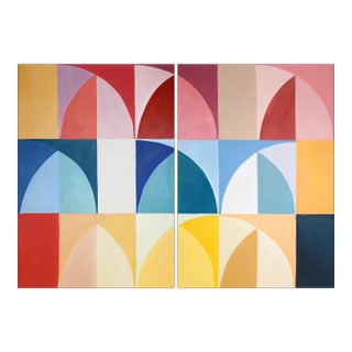 2029, Modern Bauhaus Patterns of Italian Vintage Parasols, Primary Tones Original Painting Diptych on Paper by Natalia Roman For Sale