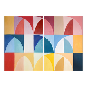2029, Modern Bauhaus Patterns of Italian Vintage Parasols, Primary Tones Original Painting Diptych on Paper by Natalia Roman