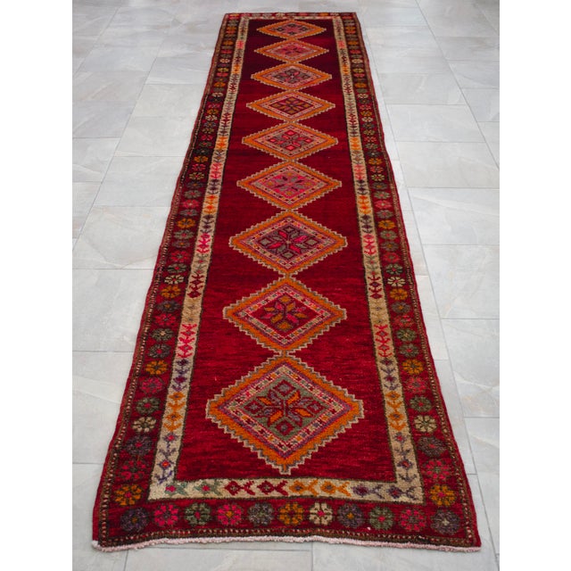 1960s Turkish Hand-Knotted Runner Rug Kitchen Hallway Decor Red & Pink 3x13 Ft Approx For Sale - Image 9 of 16