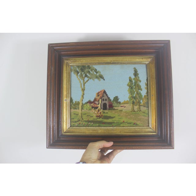 Early 20th Century Needlepoint in Antique Wood Frame Cottagecore Country Style Embroidered Picture For Sale - Image 10 of 10