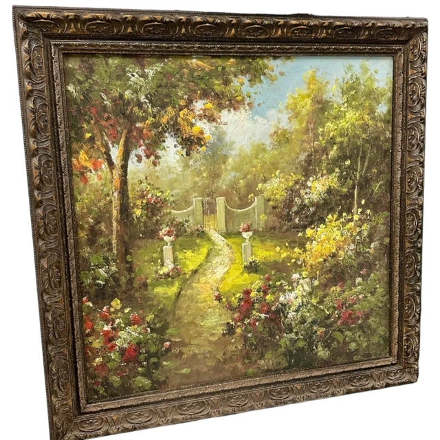 Framed Oil on Canvas - The Rose Garden. Beautifully detailed work of art. Oil on canvas painting of a gated rose garden...