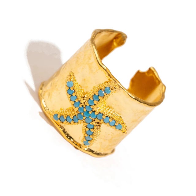 Early 21st Century Turquoise Starfish Gold Adjustable Cuff Ring, Size 8 For Sale - Image 5 of 9