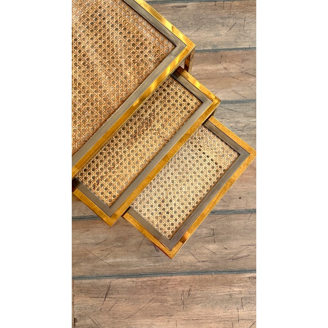 Mid-Century Modern Brass Nesting Tables with Glass and Bamboo Tops, 1970s, Set of 3 For Sale - Image 10 of 15
