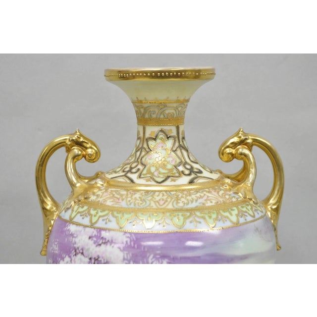Antique Nippon Hand Painted Cottage Lake Porcelain Twin Handle Bolted Urn Vase For Sale - Image 4 of 17